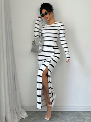 Women's Black & White Striped Casual Fitted Long Sleeve Top And Slit Pencil Skirt 2 Piece Set - Negative Apparel