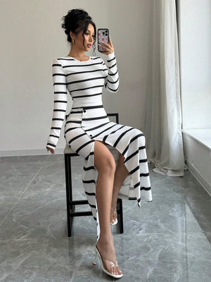 Women's Black & White Striped Casual Fitted Long Sleeve Top And Slit Pencil Skirt 2 Piece Set - Negative Apparel