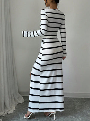 Women's Black & White Striped Casual Fitted Long Sleeve Top And Slit Pencil Skirt 2 Piece Set - Negative Apparel