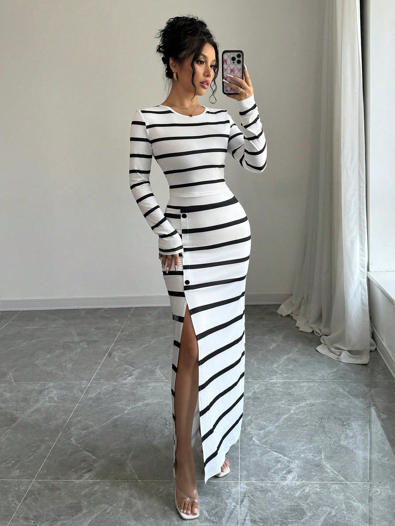 Women's Black & White Striped Casual Fitted Long Sleeve Top And Slit Pencil Skirt 2 Piece Set - Negative Apparel