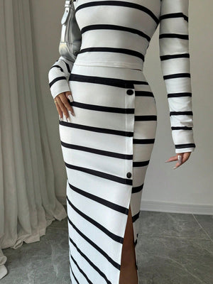 Women's Black & White Striped Casual Fitted Long Sleeve Top And Slit Pencil Skirt 2 Piece Set - Negative Apparel