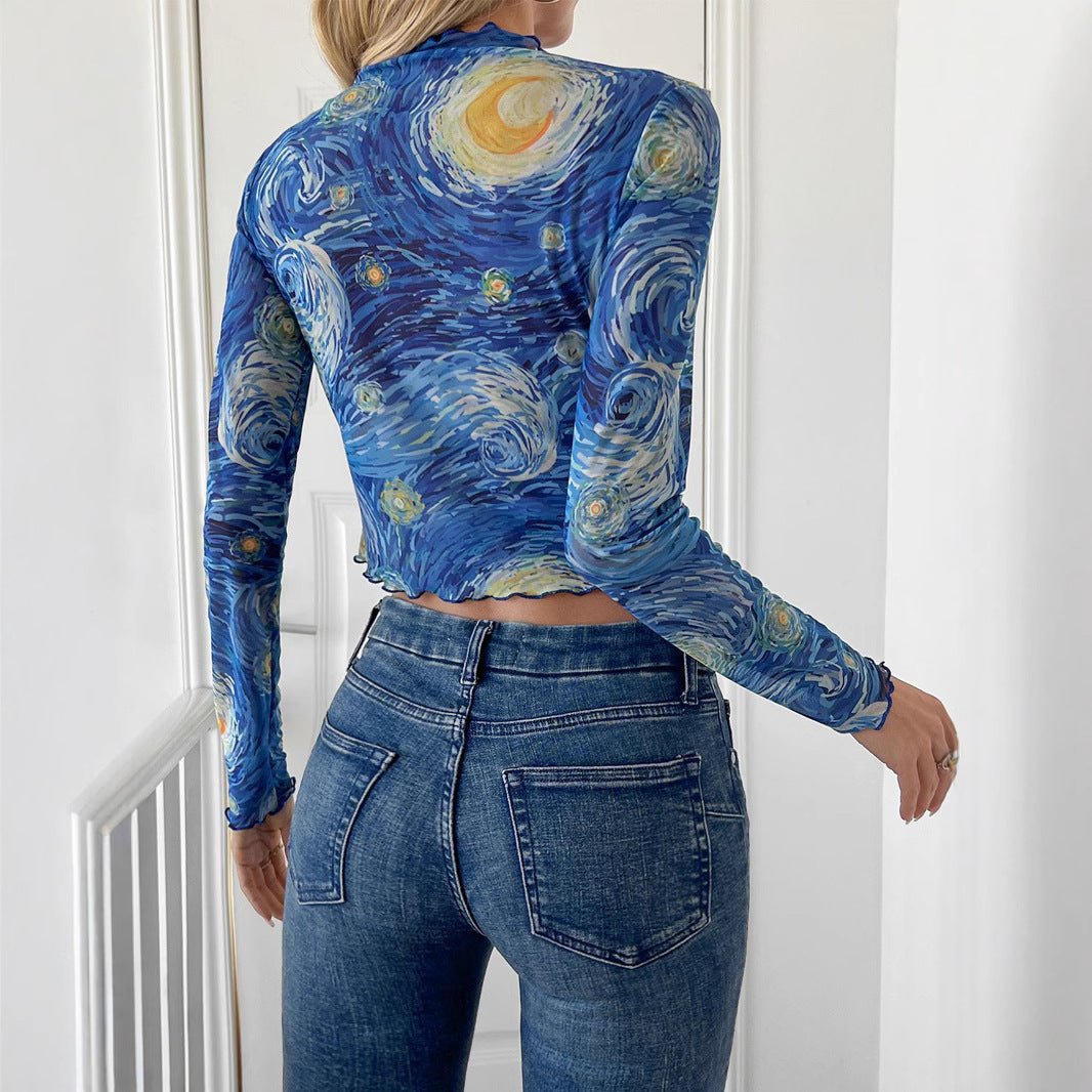 Women's blue printed small stand - up collar starry sky mesh short T-shirt top - Negative Apparel