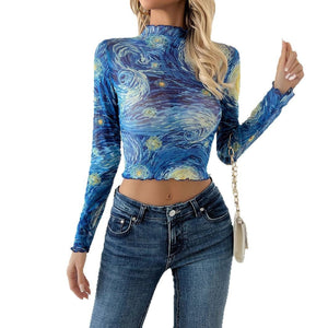 Women's blue printed small stand - up collar starry sky mesh short T-shirt top - Negative Apparel