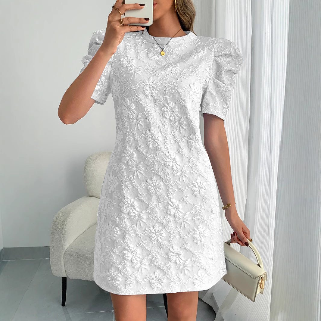 Women's bubble sleeves textured jacquard crew neck retro style dress - Negative Apparel