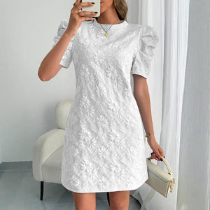 Women's bubble sleeves textured jacquard crew neck retro style dress - Negative Apparel