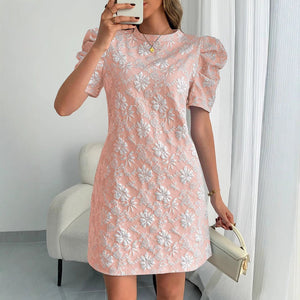 Women's bubble sleeves textured jacquard crew neck retro style dress - Negative Apparel