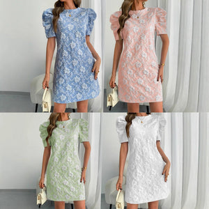 Women's bubble sleeves textured jacquard crew neck retro style dress - Negative Apparel