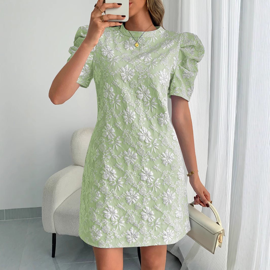 Women's bubble sleeves textured jacquard crew neck retro style dress - Negative Apparel