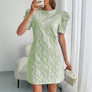 Women's bubble sleeves textured jacquard crew neck retro style dress - Negative Apparel