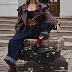 Women’s Burgundy PU Leather Jacket | Short Lapel Belted Street Motorcycle Coat - Negative Apparel