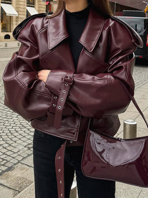Women’s Burgundy PU Leather Jacket | Short Lapel Belted Street Motorcycle Coat - Negative Apparel