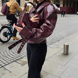 Women’s Burgundy PU Leather Jacket | Short Lapel Belted Street Motorcycle Coat - Negative Apparel