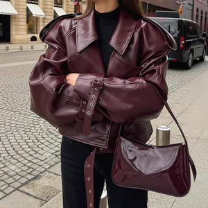 Women’s Burgundy PU Leather Jacket | Short Lapel Belted Street Motorcycle Coat - Negative Apparel