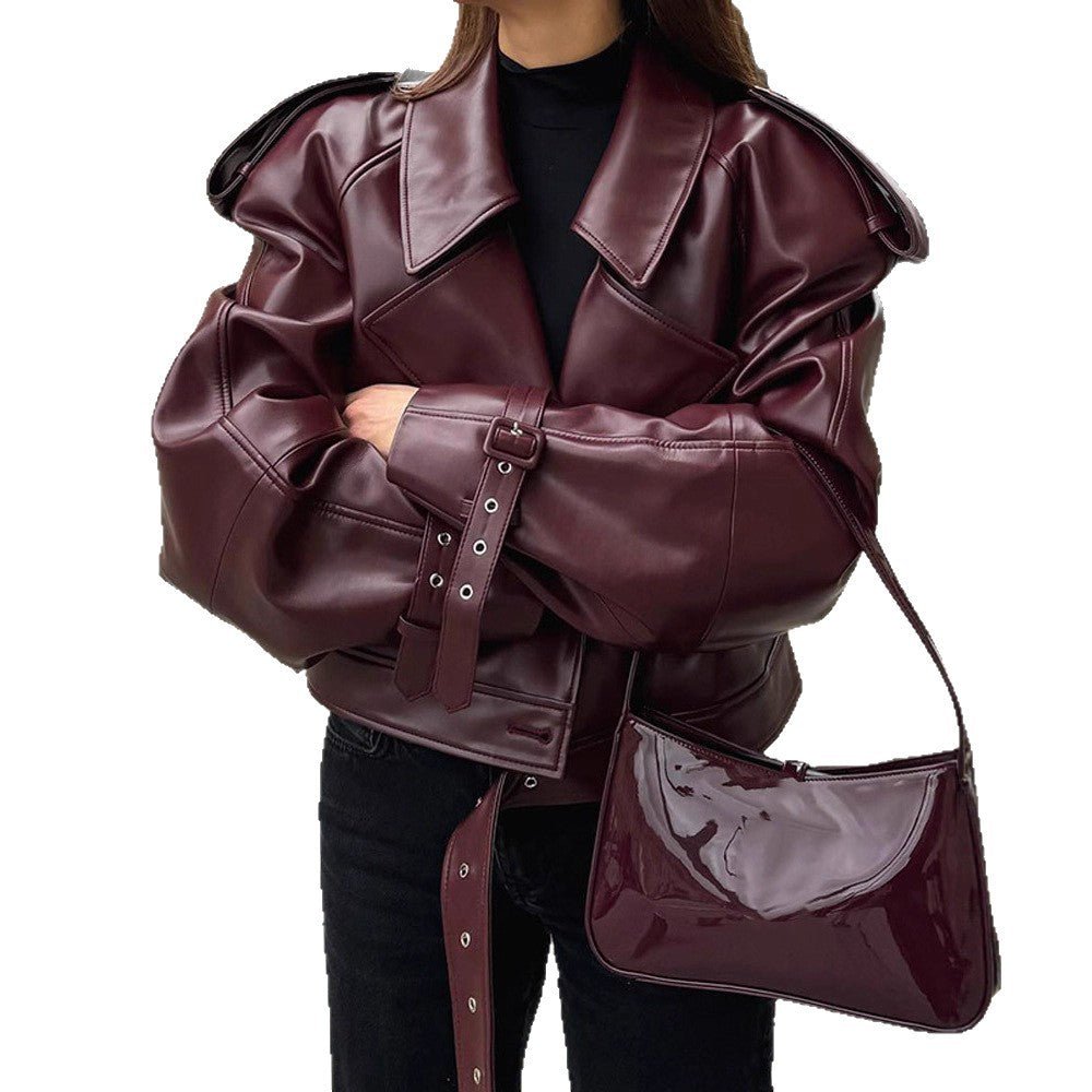Women’s Burgundy PU Leather Jacket | Short Lapel Belted Street Motorcycle Coat - Negative Apparel