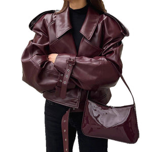 Women’s Burgundy PU Leather Jacket | Short Lapel Belted Street Motorcycle Coat - Negative Apparel