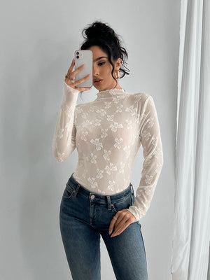 Women's butterfly jacquard mesh slim - fit small stand - up collar long - sleeved T-shirt top - Negative Apparel