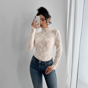 Women's butterfly jacquard mesh slim - fit small stand - up collar long - sleeved T-shirt top - Negative Apparel
