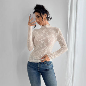 Women's butterfly jacquard mesh slim - fit small stand - up collar long - sleeved T-shirt top - Negative Apparel