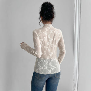 Women's butterfly jacquard mesh slim - fit small stand - up collar long - sleeved T-shirt top - Negative Apparel