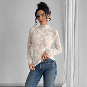 Women's butterfly jacquard mesh slim - fit small stand - up collar long - sleeved T-shirt top - Negative Apparel
