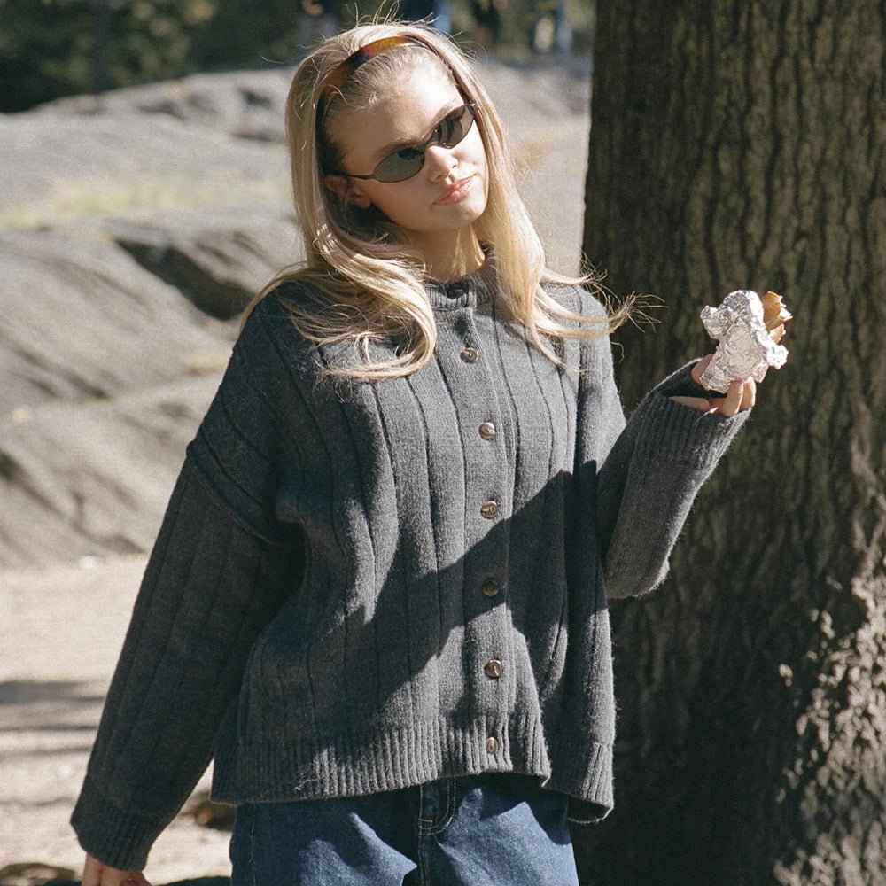 Women’s Button - Up Cardigan Sweater | Thick Knit Viscose Blend | Solid Color Korean Casual Style | Autumn 2025 Fashion - Negative Apparel