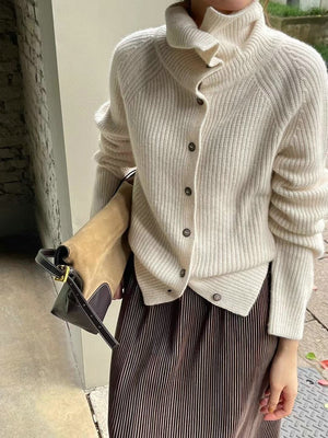 Women’s Cashmere Blend Retro Cardigan – Loose Fit Thick Knit Sweater with Stand Collar & Buttons - Negative Apparel