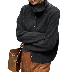 Women’s Cashmere Blend Retro Cardigan – Loose Fit Thick Knit Sweater with Stand Collar & Buttons - Negative Apparel