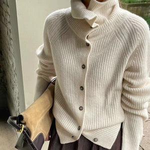Women’s Cashmere Blend Retro Cardigan – Loose Fit Thick Knit Sweater with Stand Collar & Buttons - Negative Apparel