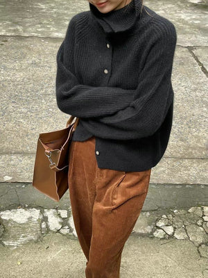 Women’s Cashmere Blend Retro Cardigan – Loose Fit Thick Knit Sweater with Stand Collar & Buttons - Negative Apparel