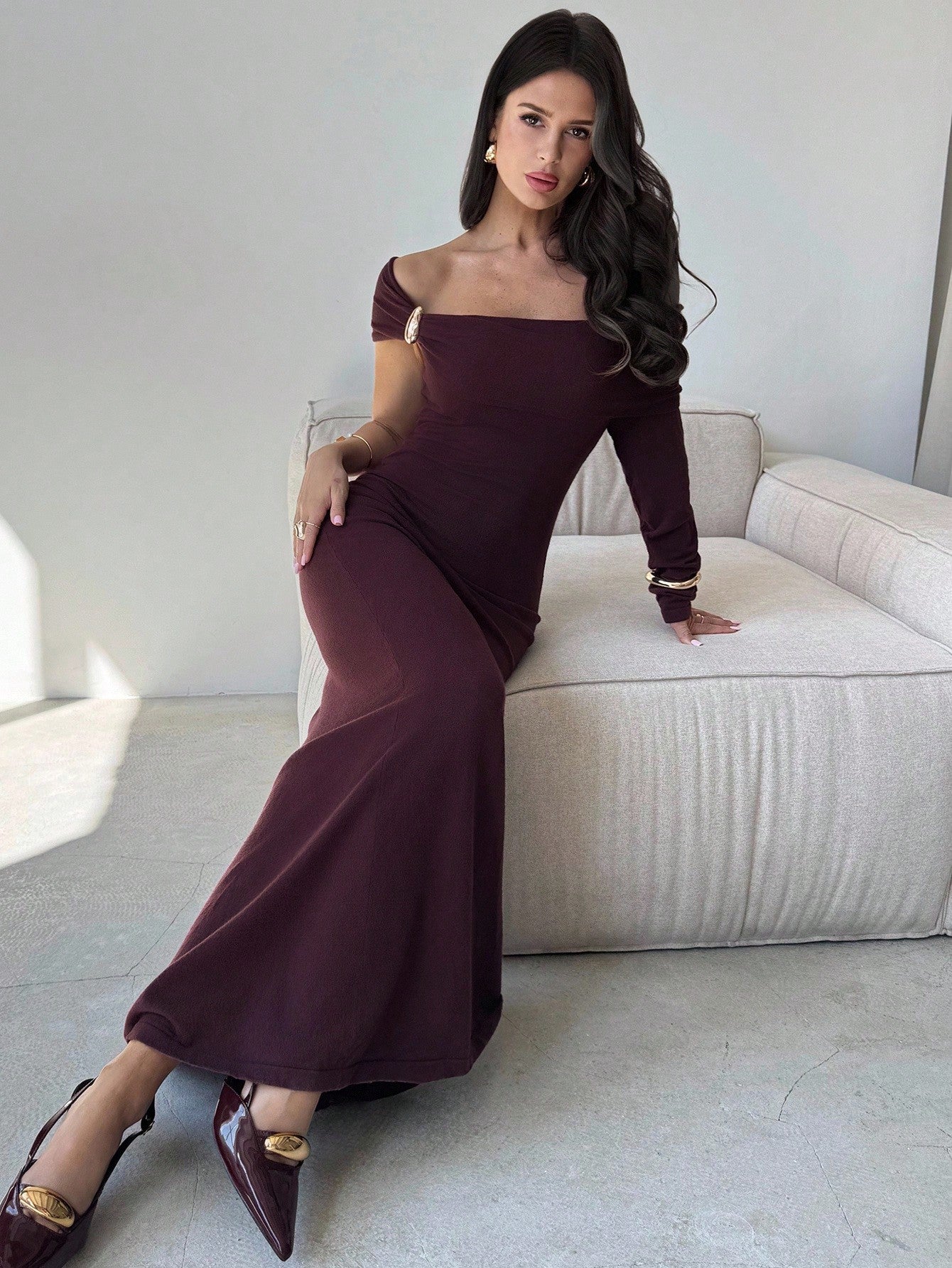 Women's Casual And Elegant Off - The - Shoulder Burgundy Asymmetrical Sleeve Slim Dress FD - Negative Apparel