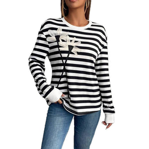 Women's casual long - sleeved crew neck striped flower sweatshirt T-shirt top - Negative Apparel