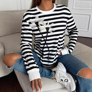 Women's casual long - sleeved crew neck striped flower sweatshirt T-shirt top - Negative Apparel