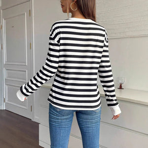 Women's casual long - sleeved crew neck striped flower sweatshirt T-shirt top - Negative Apparel