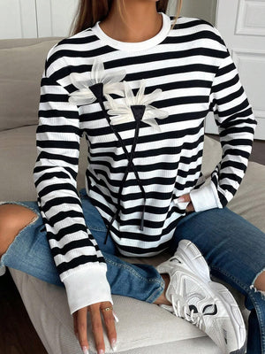 Women's casual long - sleeved crew neck striped flower sweatshirt T-shirt top - Negative Apparel