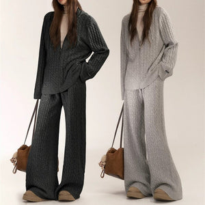 Women’s Casual Two - Piece Knit Suit – Imitation Shearling Hoodie & Long Pants Set | Korean Loose Fit Autumn Winter Outfit - Negative Apparel