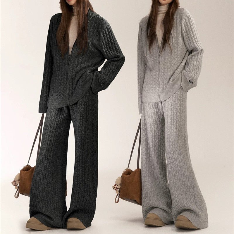 Women’s Casual Two - Piece Knit Suit – Imitation Shearling Hoodie & Long Pants Set | Korean Loose Fit Autumn Winter Outfit - Negative Apparel