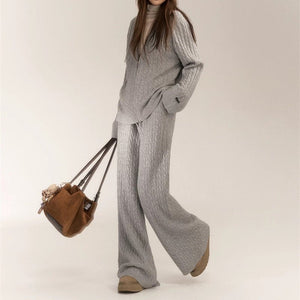 Women’s Casual Two - Piece Knit Suit – Imitation Shearling Hoodie & Long Pants Set | Korean Loose Fit Autumn Winter Outfit - Negative Apparel