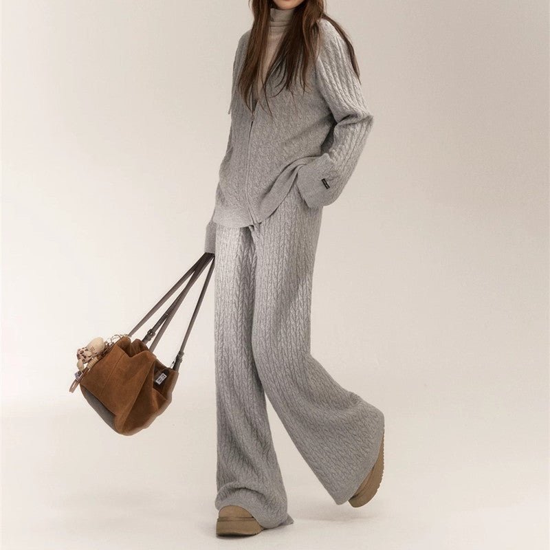 Women’s Casual Two - Piece Knit Suit – Imitation Shearling Hoodie & Long Pants Set | Korean Loose Fit Autumn Winter Outfit - Negative Apparel