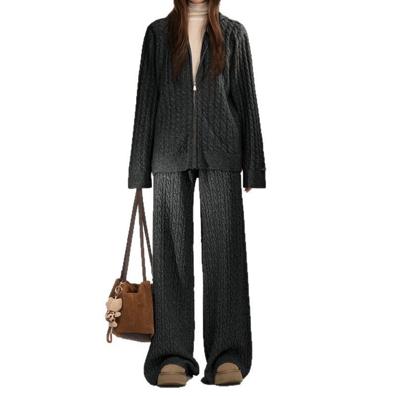 Women’s Casual Two - Piece Knit Suit – Imitation Shearling Hoodie & Long Pants Set | Korean Loose Fit Autumn Winter Outfit - Negative Apparel