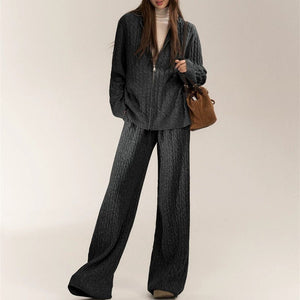 Women’s Casual Two - Piece Knit Suit – Imitation Shearling Hoodie & Long Pants Set | Korean Loose Fit Autumn Winter Outfit - Negative Apparel