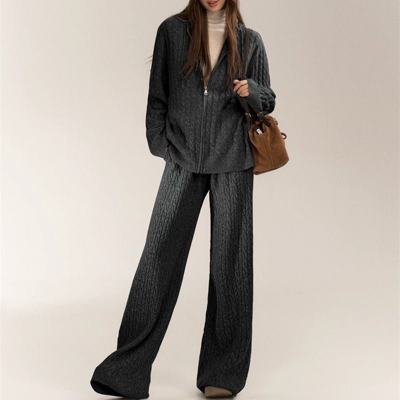 Women’s Casual Two - Piece Knit Suit – Imitation Shearling Hoodie & Long Pants Set | Korean Loose Fit Autumn Winter Outfit - Negative Apparel