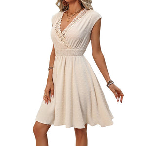 women's clothing 2025 spring and summer French vacation style lace hollow V - neck dress cut flower pendulum A - shaped skirt - Negative Apparel