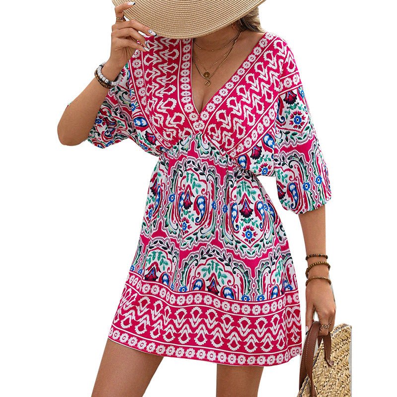 women's clothing Bohemian dress 2025 summer an and n holiday style short - sleeved beach skirt - Negative Apparel
