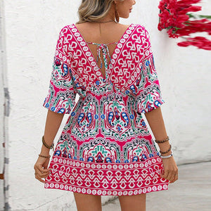 women's clothing Bohemian dress 2025 summer an and n holiday style short - sleeved beach skirt - Negative Apparel