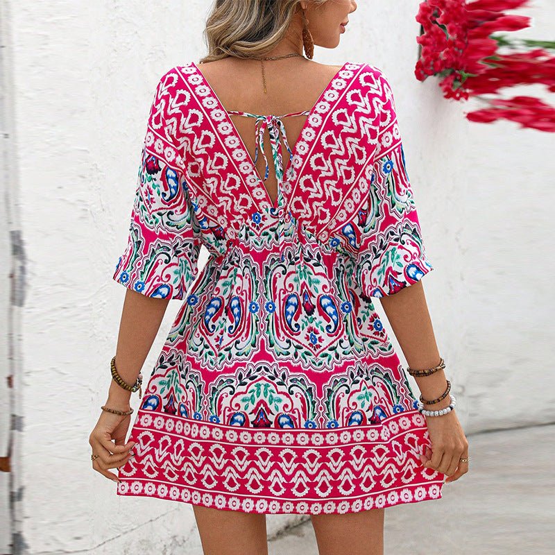 women's clothing Bohemian dress 2025 summer an and n holiday style short - sleeved beach skirt - Negative Apparel
