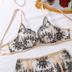 Women's clothing embroidery heavy craftsmanship ultra - thin mesh see - through sexy bra set - Negative Apparel