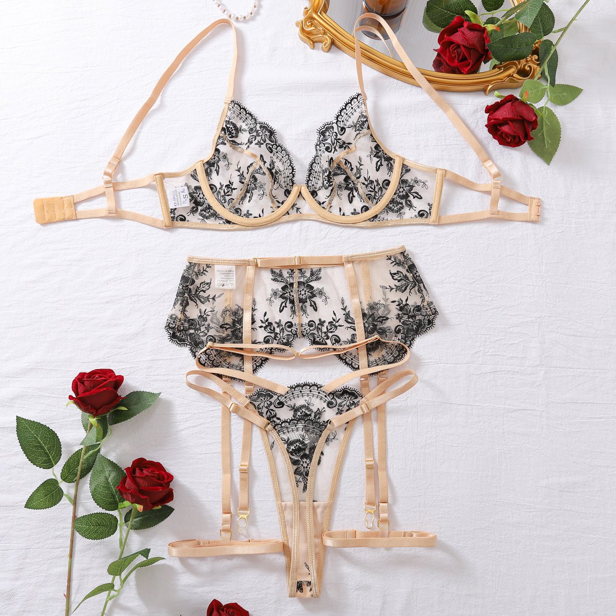 Women's clothing embroidery heavy craftsmanship ultra - thin mesh see - through sexy bra set - Negative Apparel