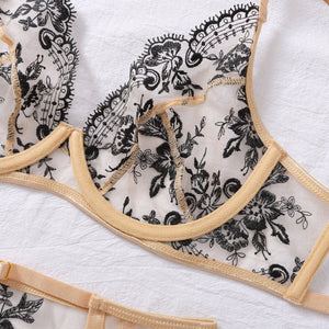 Women's clothing embroidery heavy craftsmanship ultra - thin mesh see - through sexy bra set - Negative Apparel