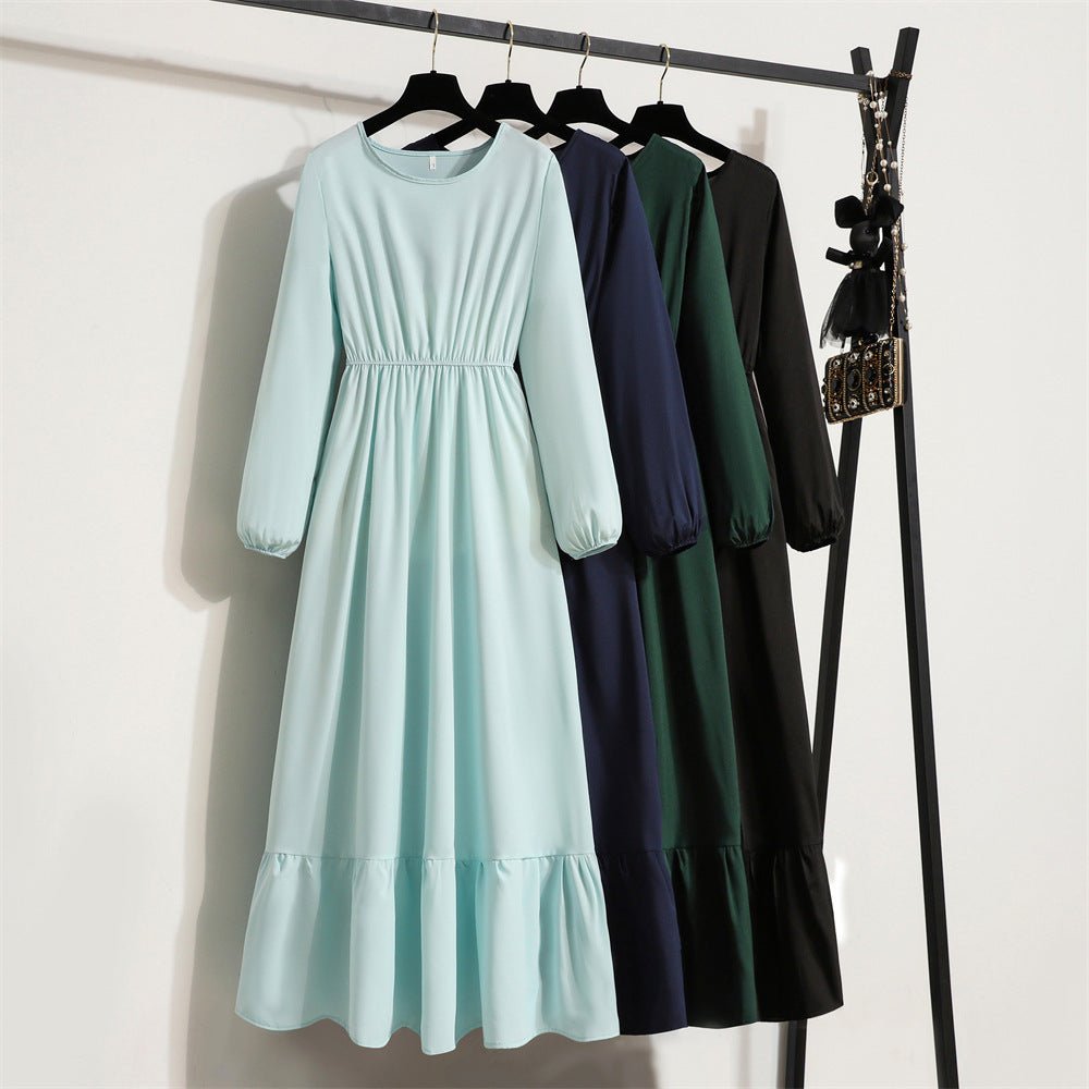 Women's clothing new long dress solid color pullover long sleeve waist a - word dress - Negative Apparel