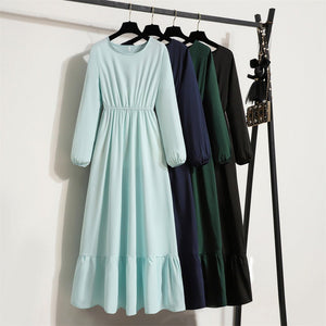 Women's clothing new long dress solid color pullover long sleeve waist a - word dress - Negative Apparel
